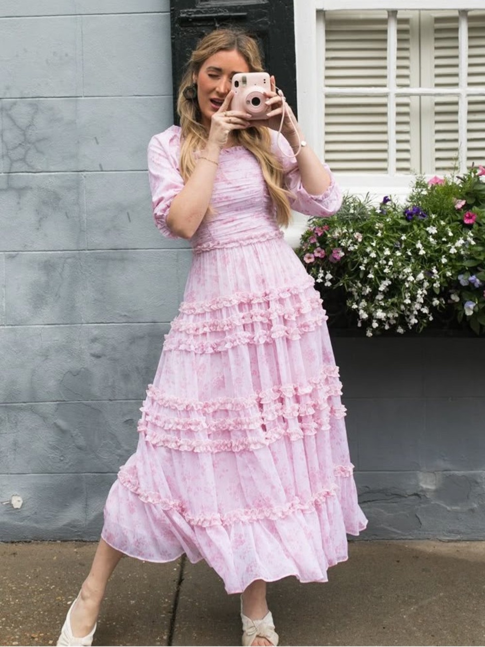Ivy City Co Anniston Pink Floral Midi Dress Ruffle Square Neck Tiered PuffSleeve